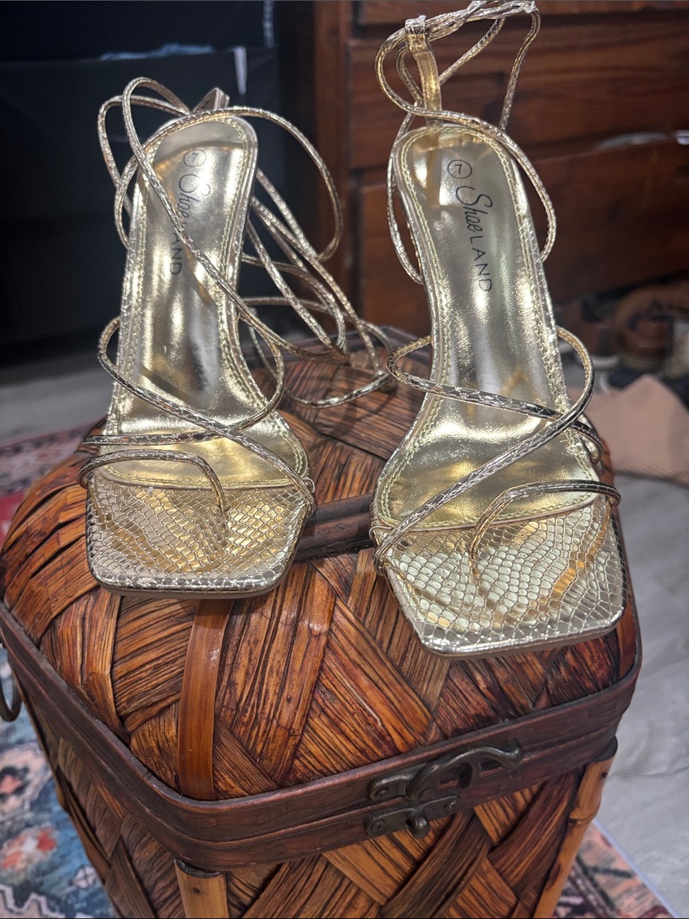 NWB..Metallic Gold Strappy Square-Toe Heeled Sandals